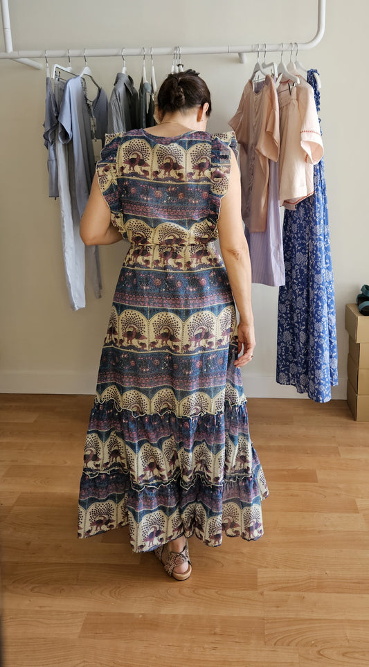 Vestido Azul Estampado Rosa Sin Mangas