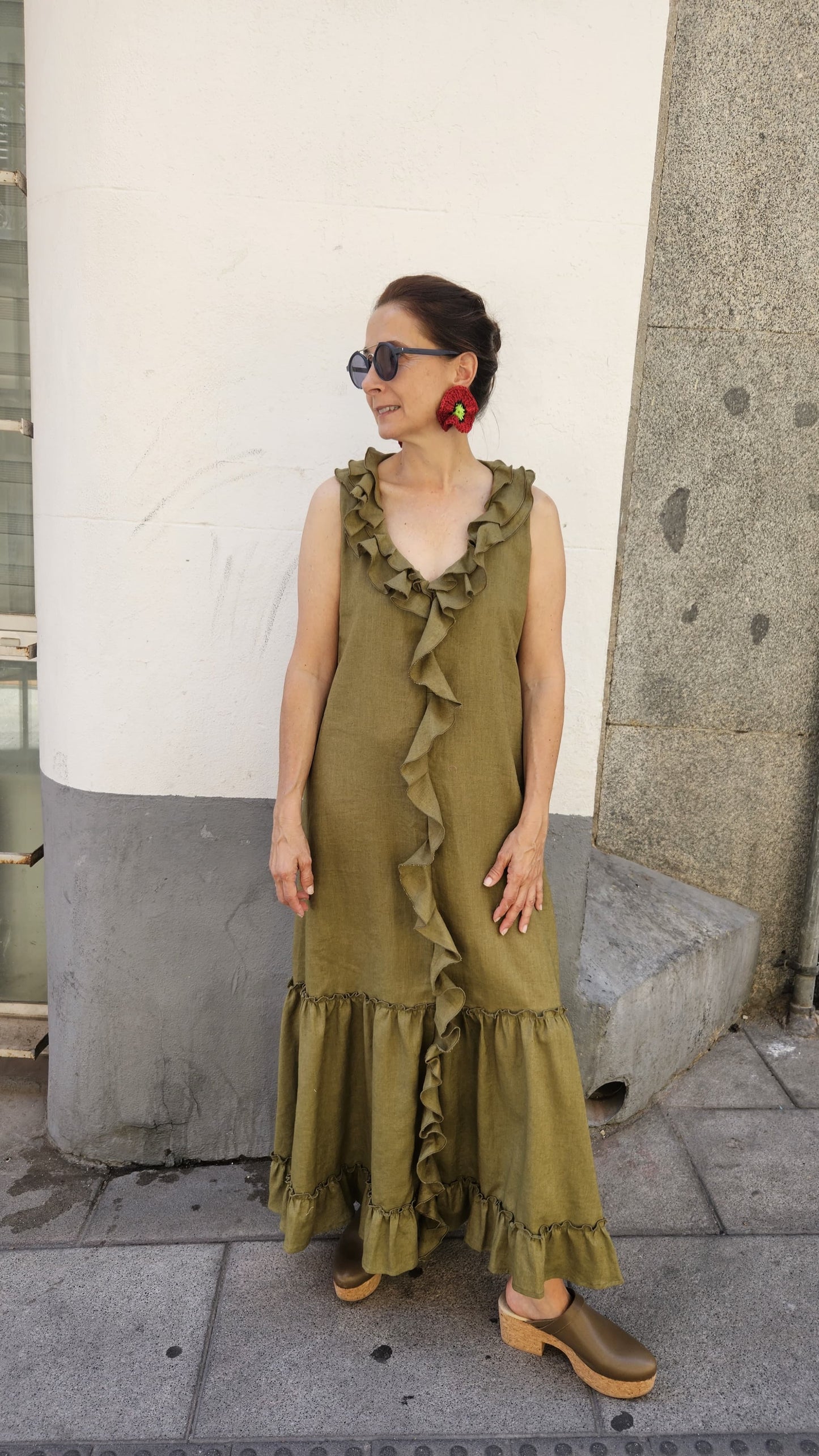 Vestido Elsa Volantes Oliva Suela