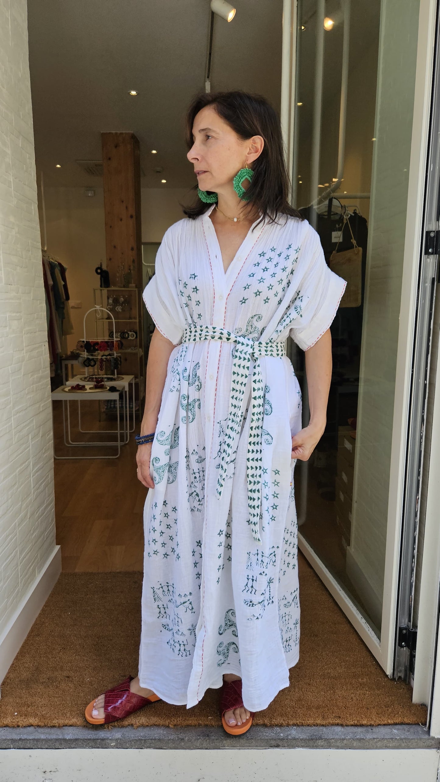 Vestido Blanco Estampado Verde