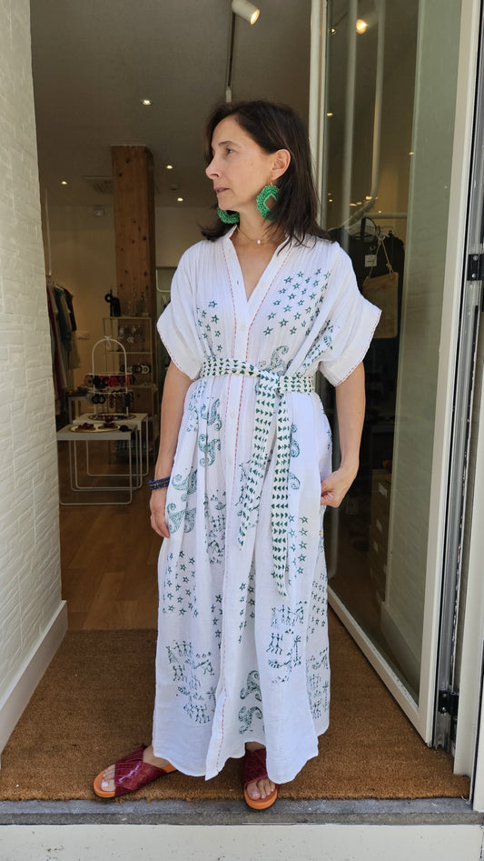 Vestido Blanco Estampado Verde