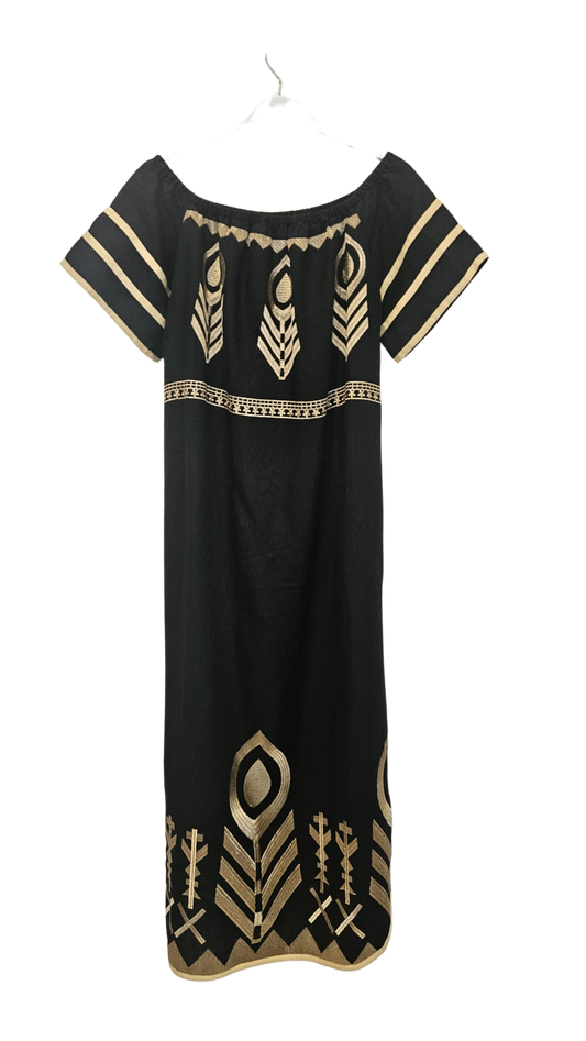 Vestido Palabra de Honor Negro Bordados Oro