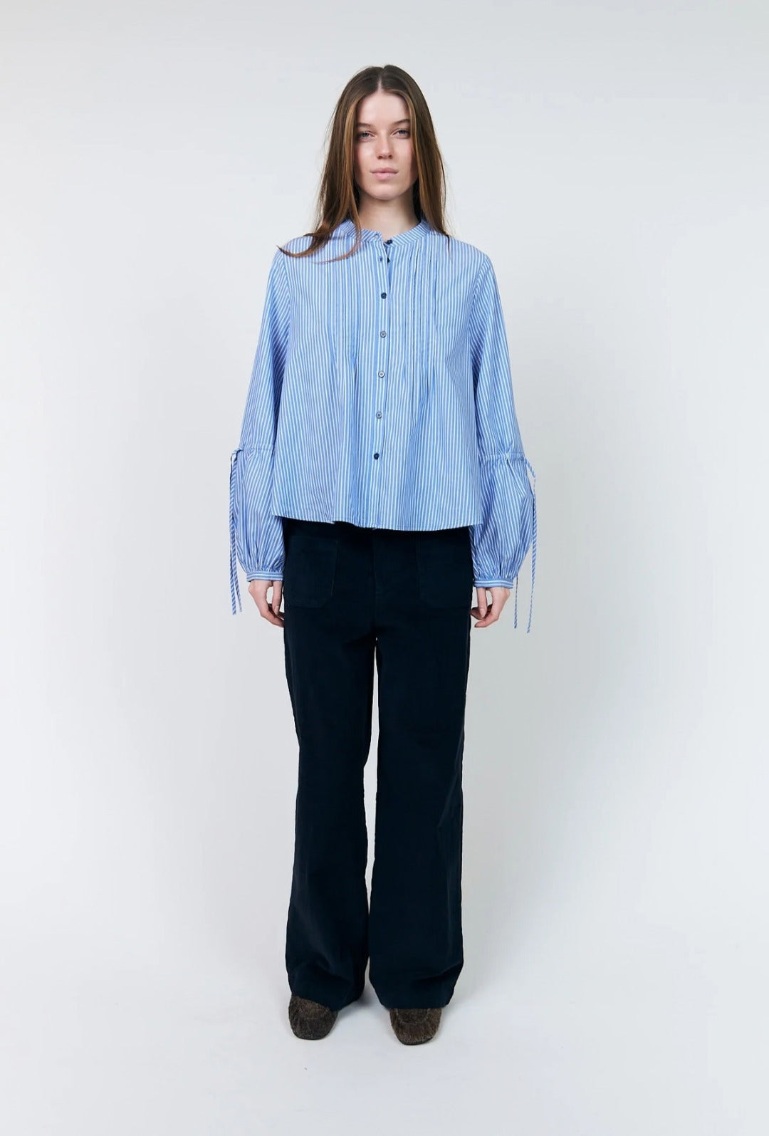 Camisa Azul Rayas Manga Fruncisa
