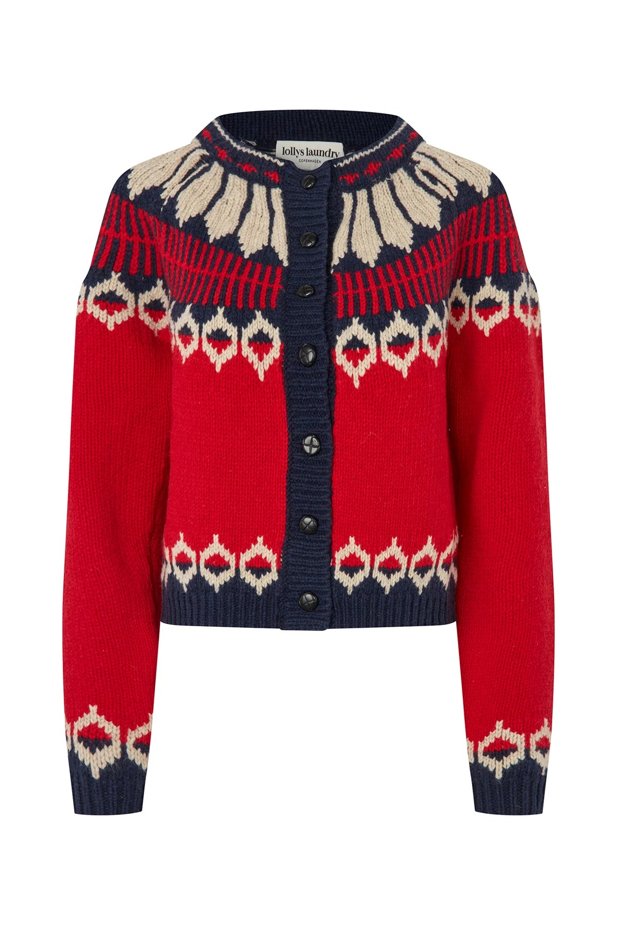 Chaqueta Roja Punto Cenefas Azul Marino y Crudo