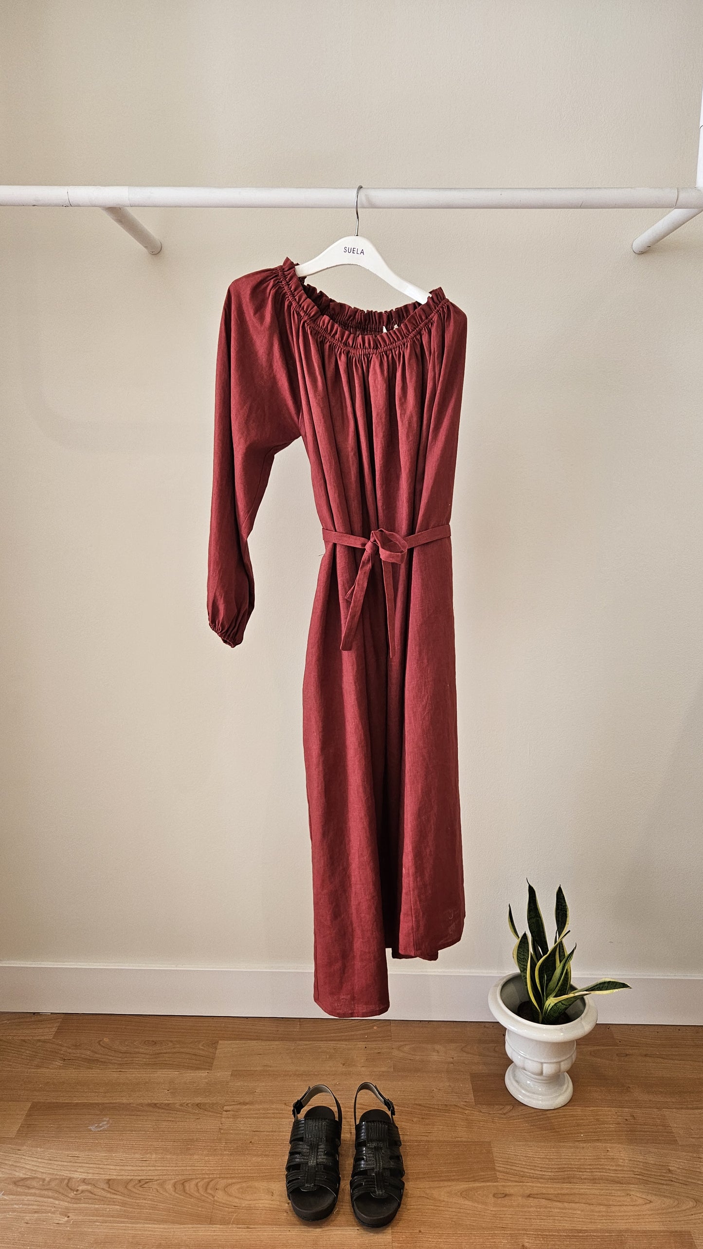 Vestido Lino Un Hombro Teja Suela