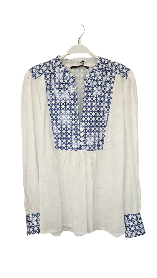 Blusa Mangas Bordado Azul